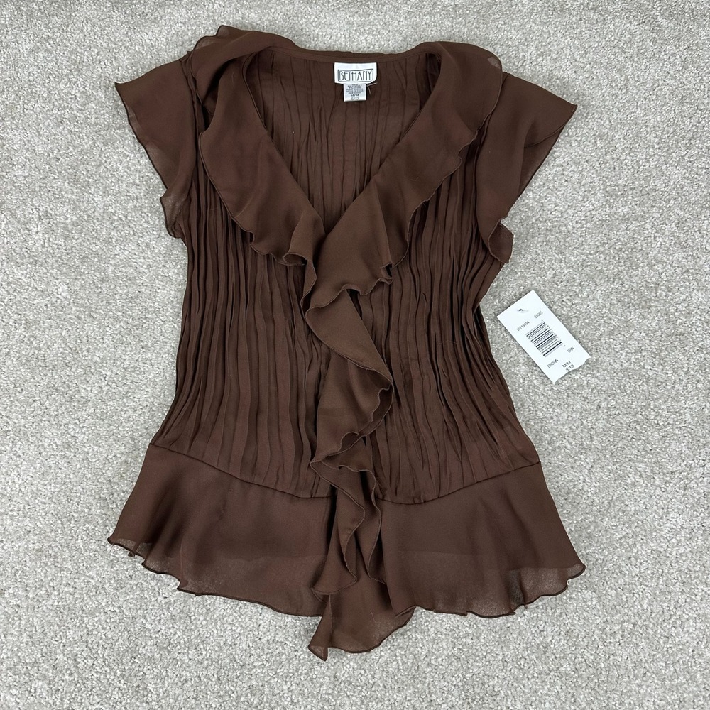 Bethany Brown Ruffle Pleated V-Neck Blouse Cap Sleeve Top Size M Vtg Whimsigoth